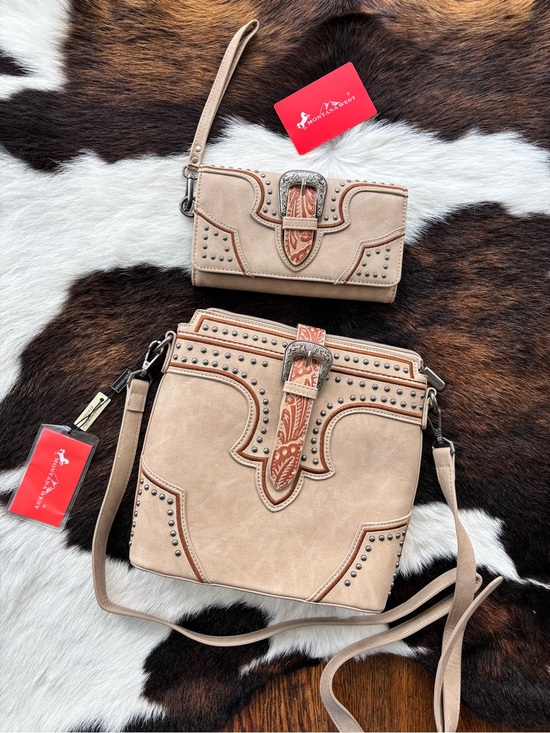 Montana West Handbags - Montana West Beige/Tan Western Tooled Crossbody with Wallet Set